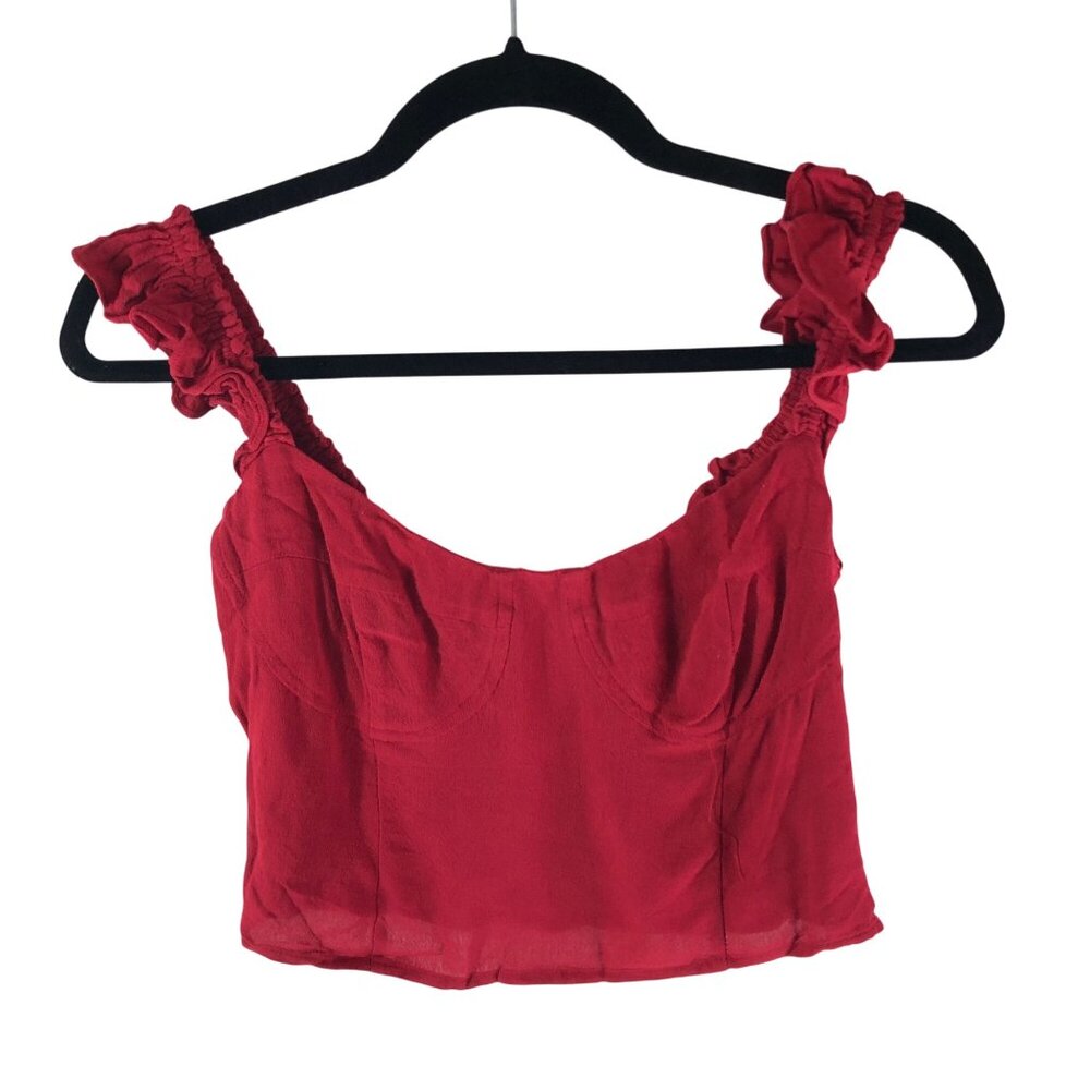 We're All Pretty Girls Womens Crop Top Ruffle Smocked Corset Sleeveless Red M